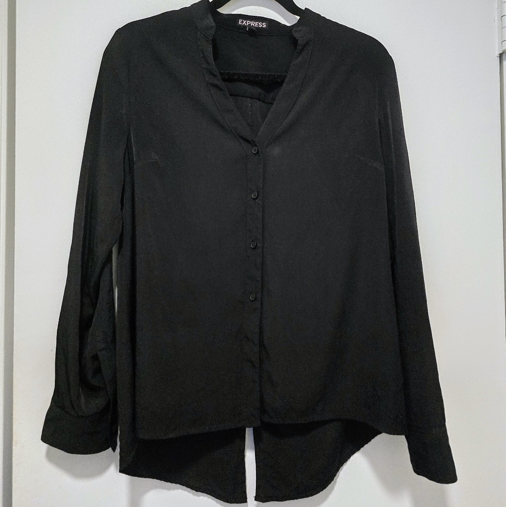 Express Women's Black Collarless Button-Up Top